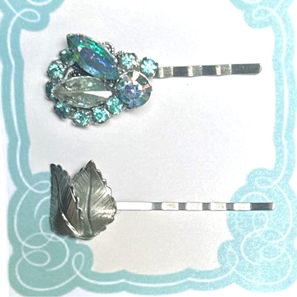 Handmade Blue and Silver Hair Pin Set Vintage Jewelry Repurposed - Picture 1 of 4